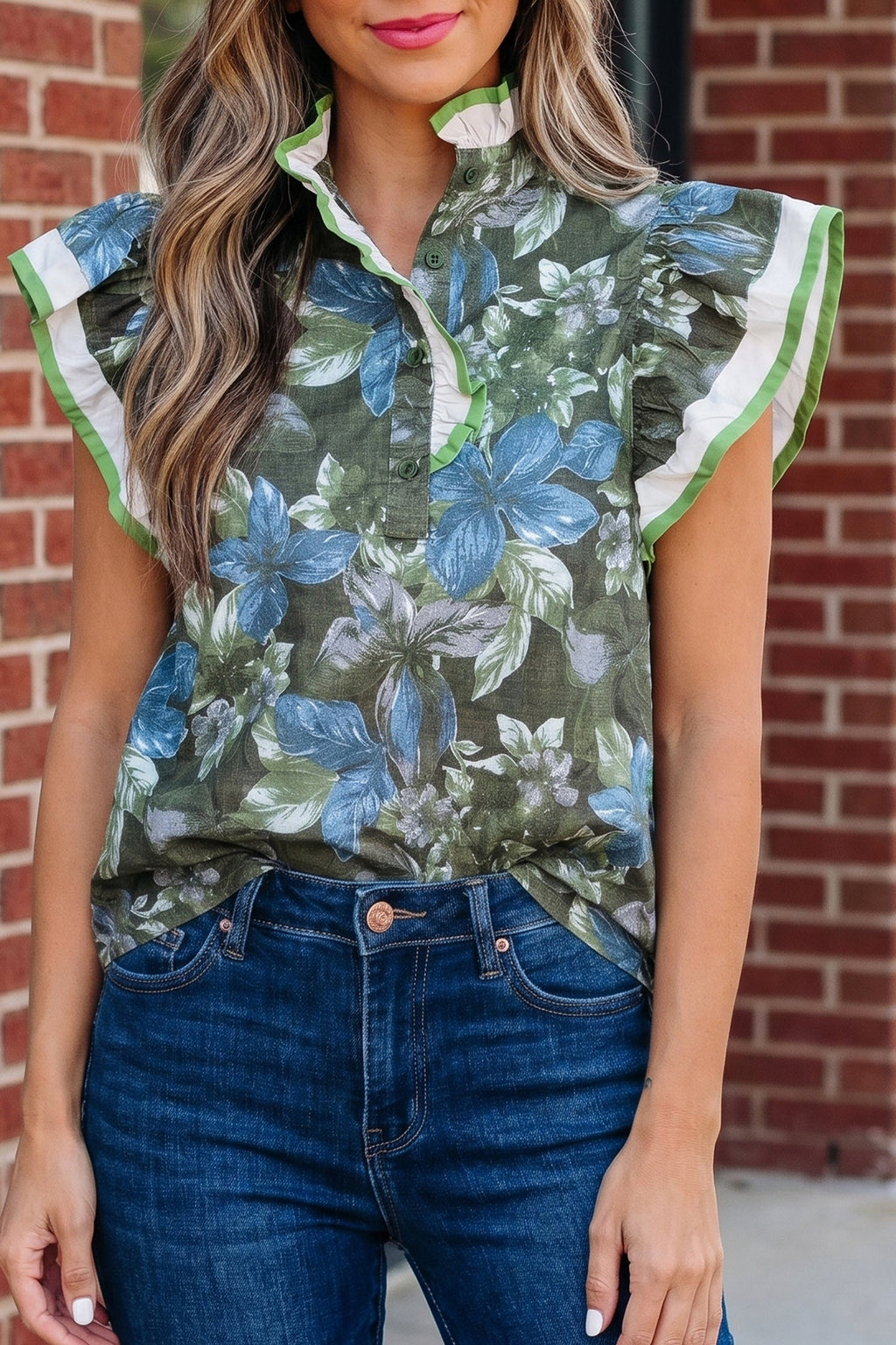 Floral Ruffle Short Sleeve Half Buttoned Blouse