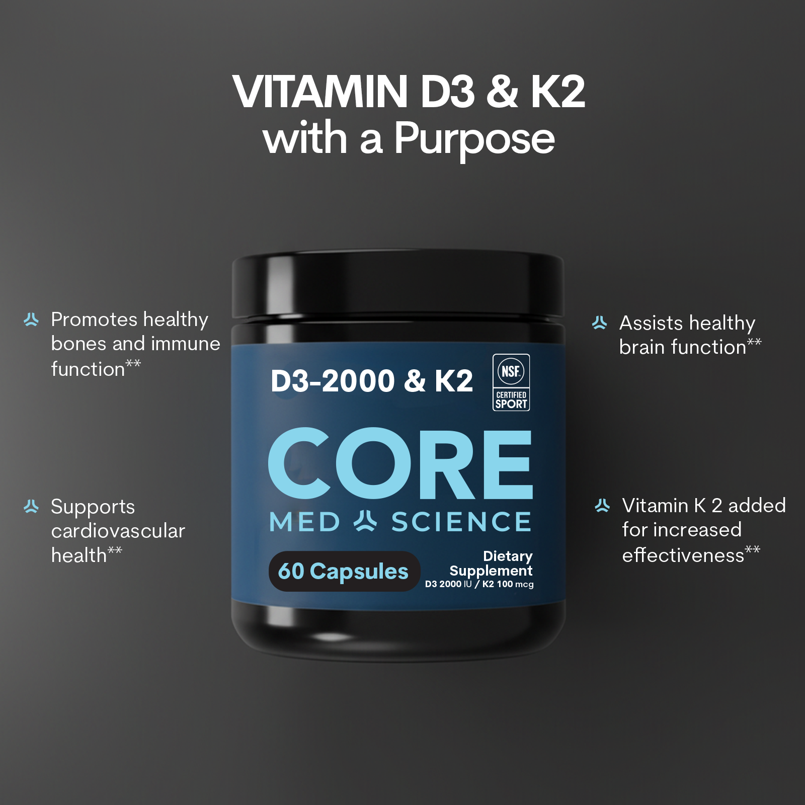 Vitamin D3 2000IU + K2: Bottle (60 Count)