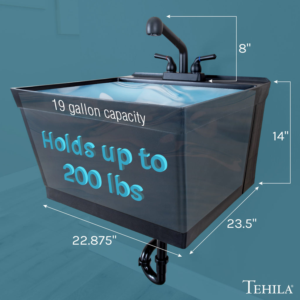 Tehila Standard Wall-Mounted Black Utility Sink with Black Finish Pull-Out Faucet