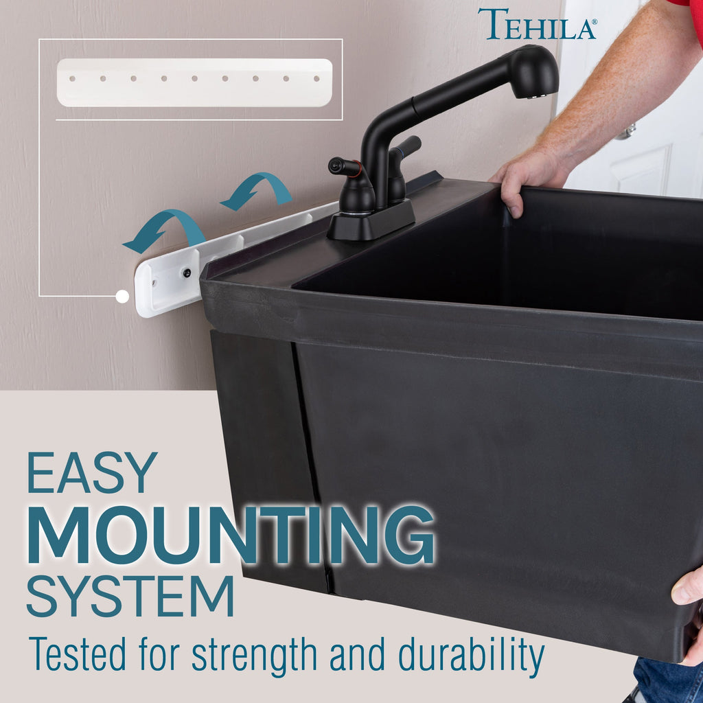 Tehila Standard Wall-Mounted Black Utility Sink with Black Finish Pull-Out Faucet