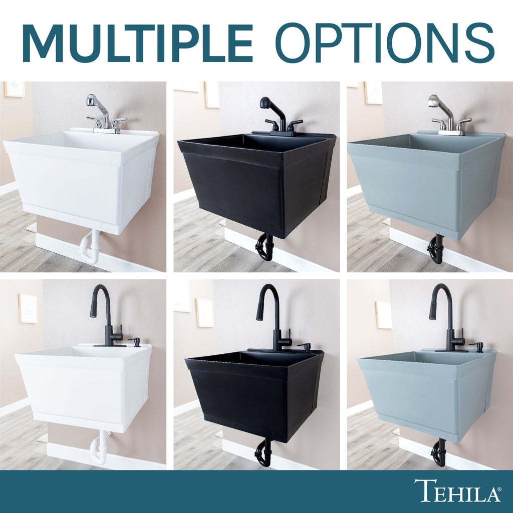 Tehila Standard Wall-Mounted Grey Utility Sink with Black Finish Pull-Down Faucet