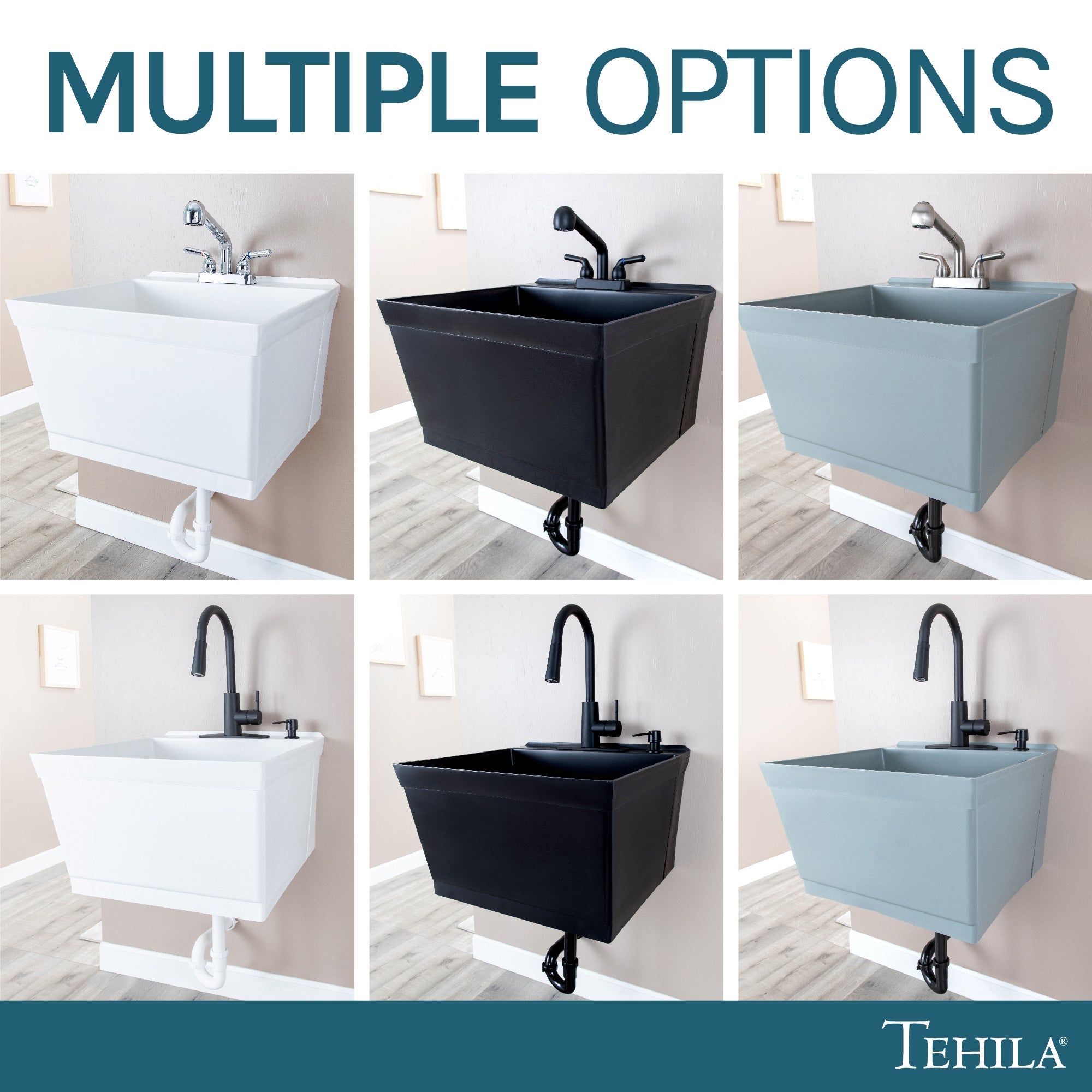Tehila Standard Wall-Mounted Grey Utility Sink with Black Finish Pull-Down Faucet