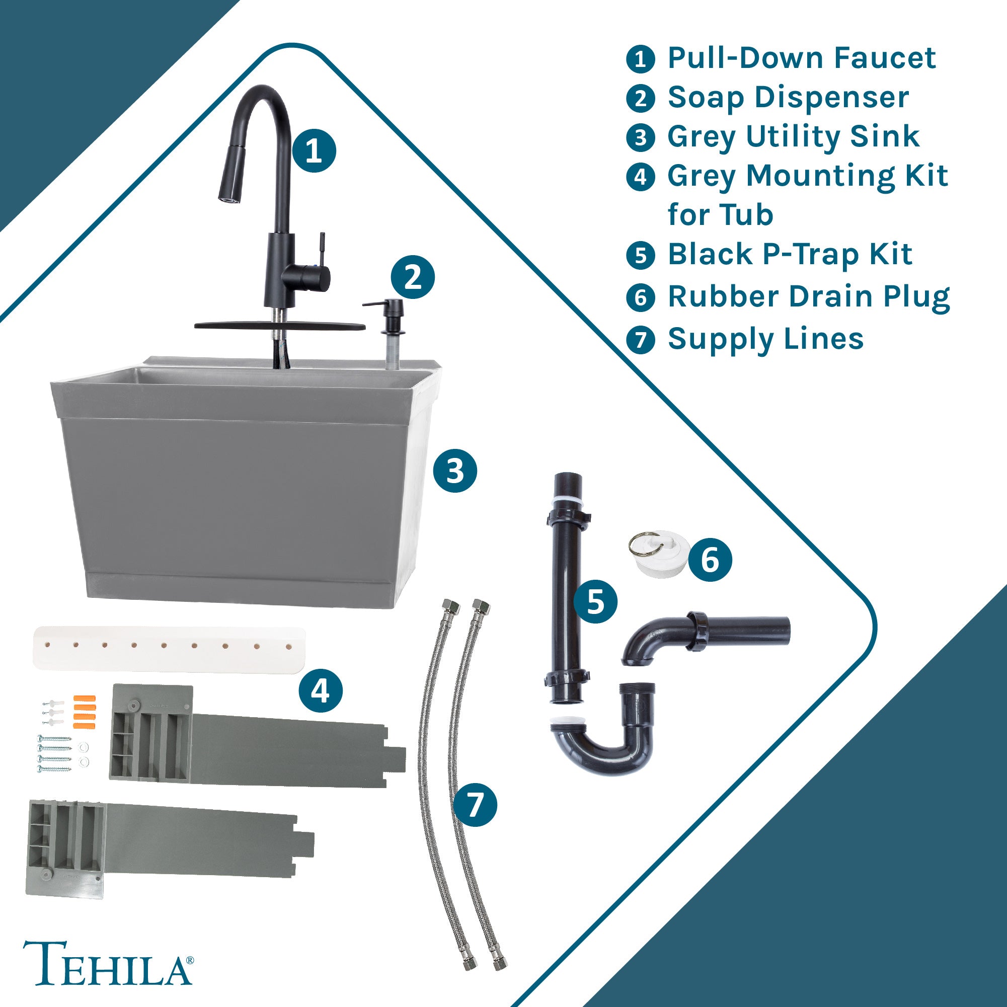 Tehila Standard Wall-Mounted Grey Utility Sink with Black Finish Pull-Down Faucet