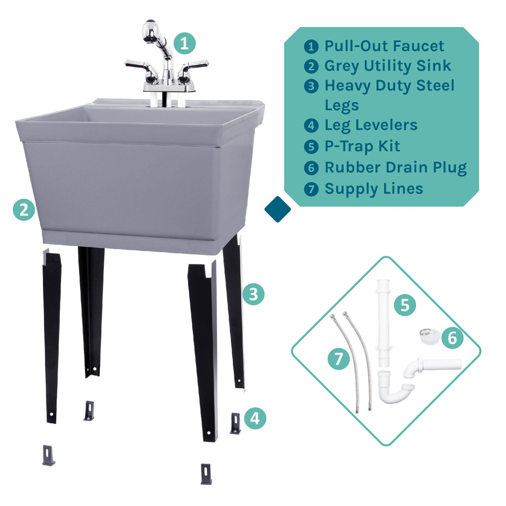 Tehila Standard Freestanding Grey Utility Sink with Chrome Finish Pull-Out Faucet