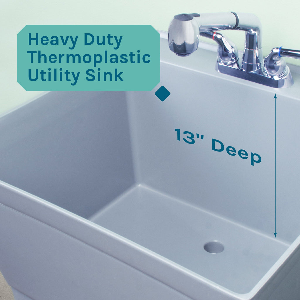 Tehila Standard Freestanding Grey Utility Sink with Chrome Finish Pull-Out Faucet