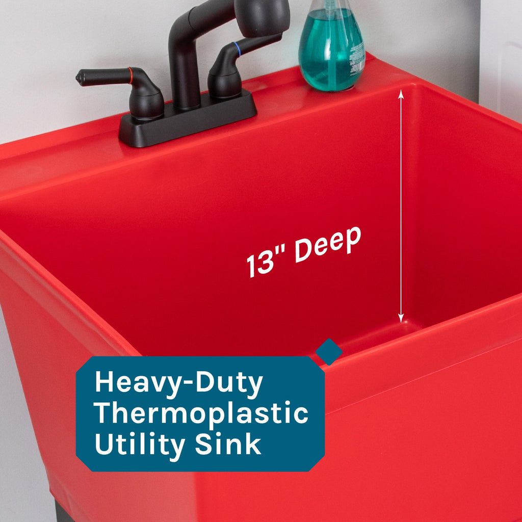 Tehila Standard Freestanding Red Utility Sink with Matte Black Finish Pull-Out Faucet
