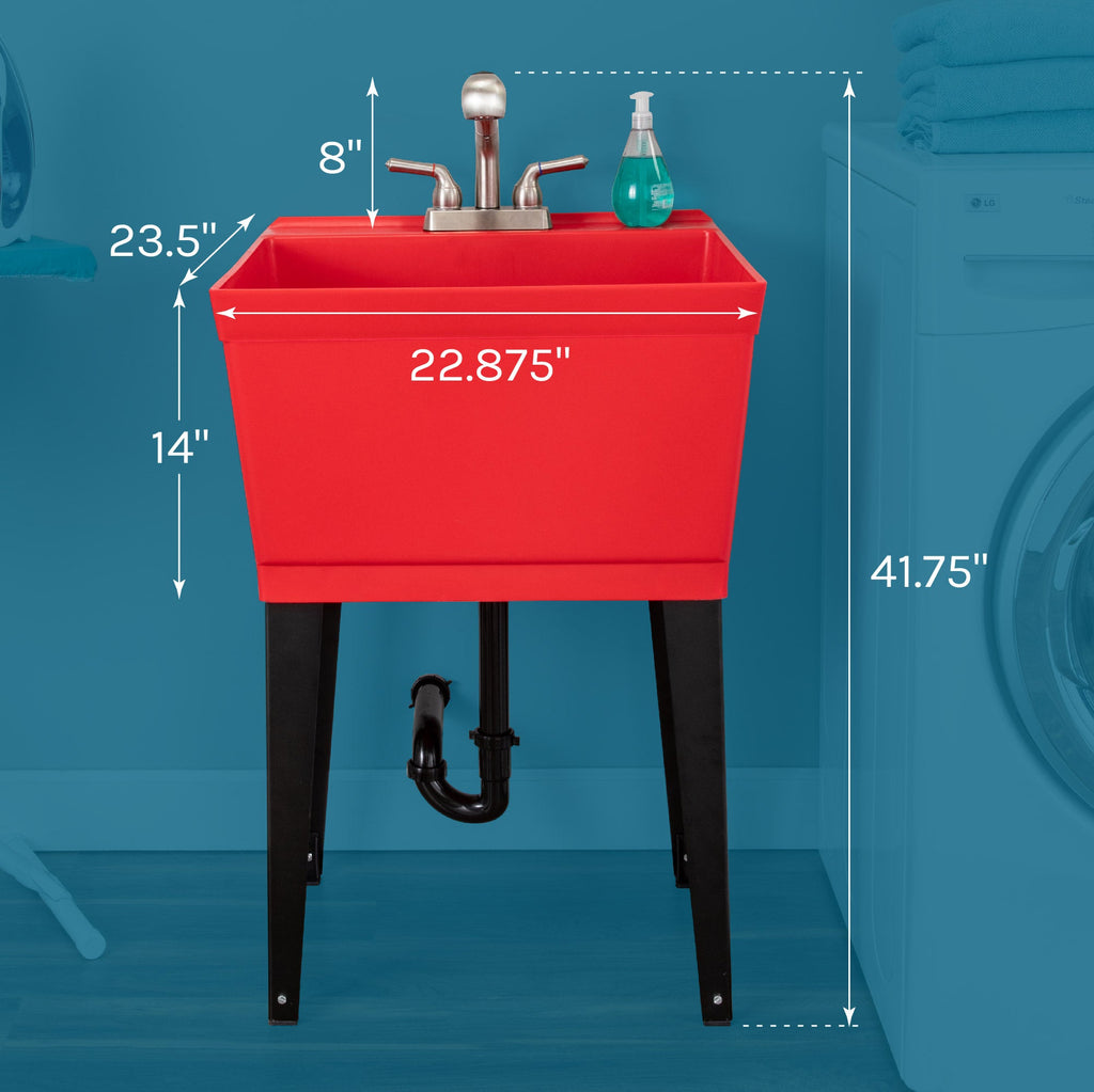 Tehila Standard Freestanding Red Utility Sink with Stainless Steel Finish Pull-Out Faucet