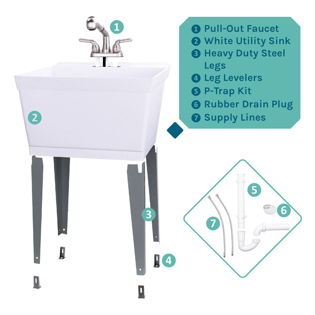 Tehila Standard Freestanding White Utility Sink with Stainless Steel Finish Pull-Out Faucet