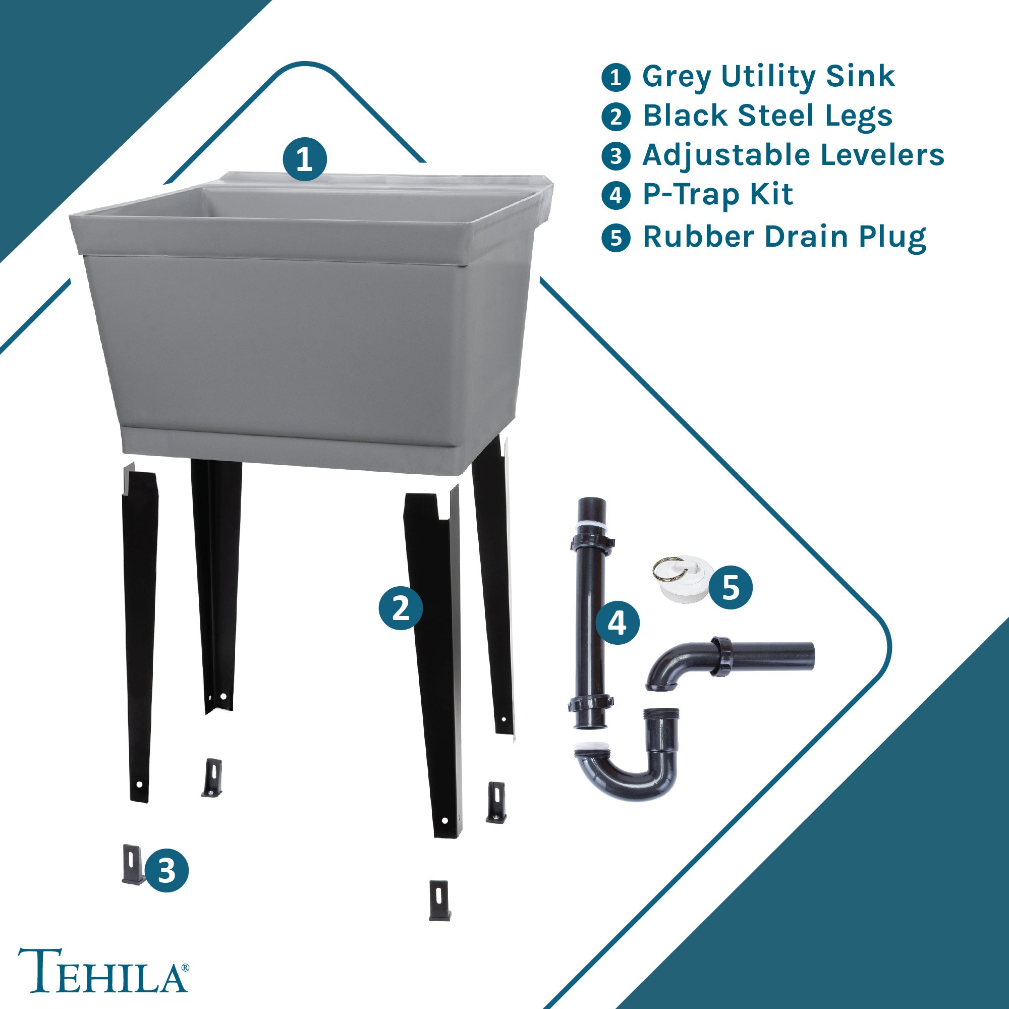 Tehila Standard Freestanding Grey Utility Sink with Black Legs, No Supply Lines