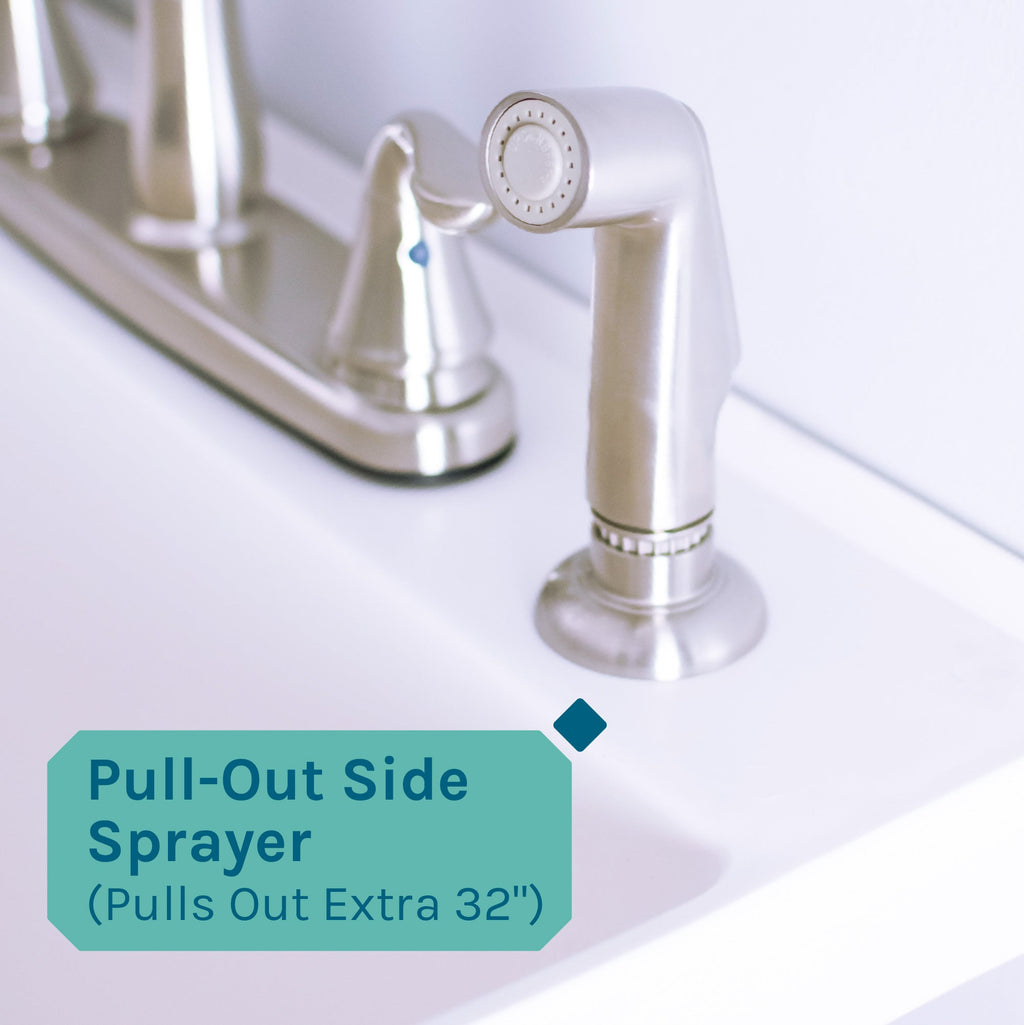 Tehila Standard Freestanding White Utility Sink with Grey Legs and Stainless Steel Finish Wide-set Gooseneck Faucet with Side Sprayer