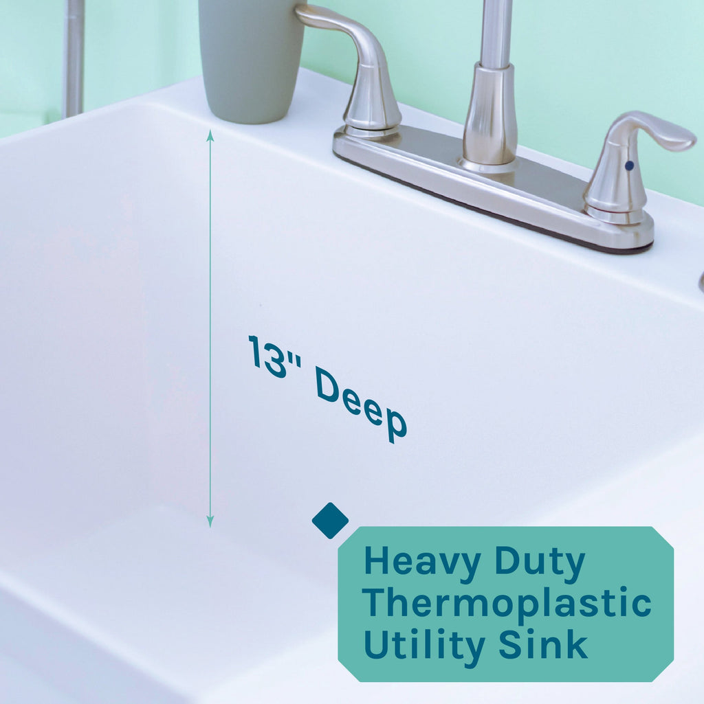 Tehila Standard Freestanding White Utility Sink with Grey Legs and Stainless Steel Finish Wide-set Gooseneck Faucet with Side Sprayer