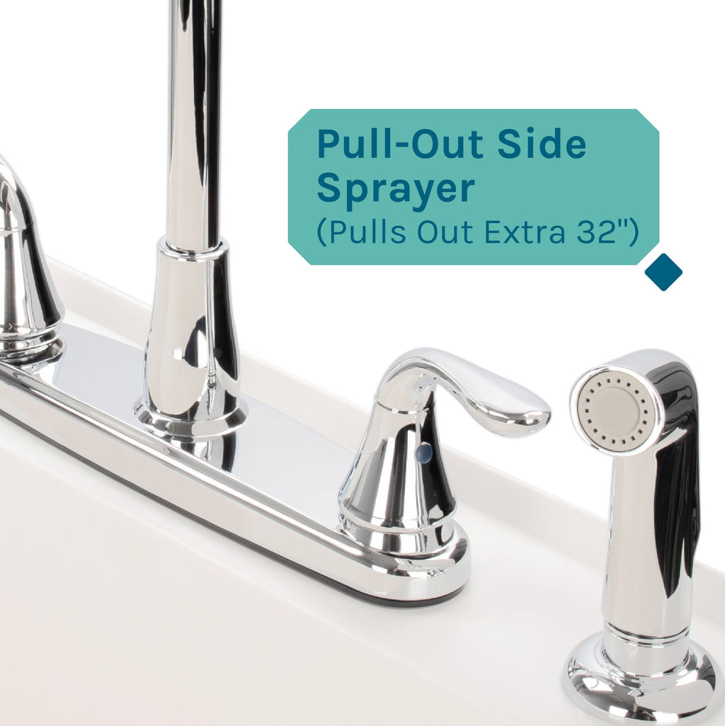Tehila Standard Freestanding White Utility Sink with Grey Legs and Chrome Finish Wide-set Gooseneck Faucet with Side Sprayer