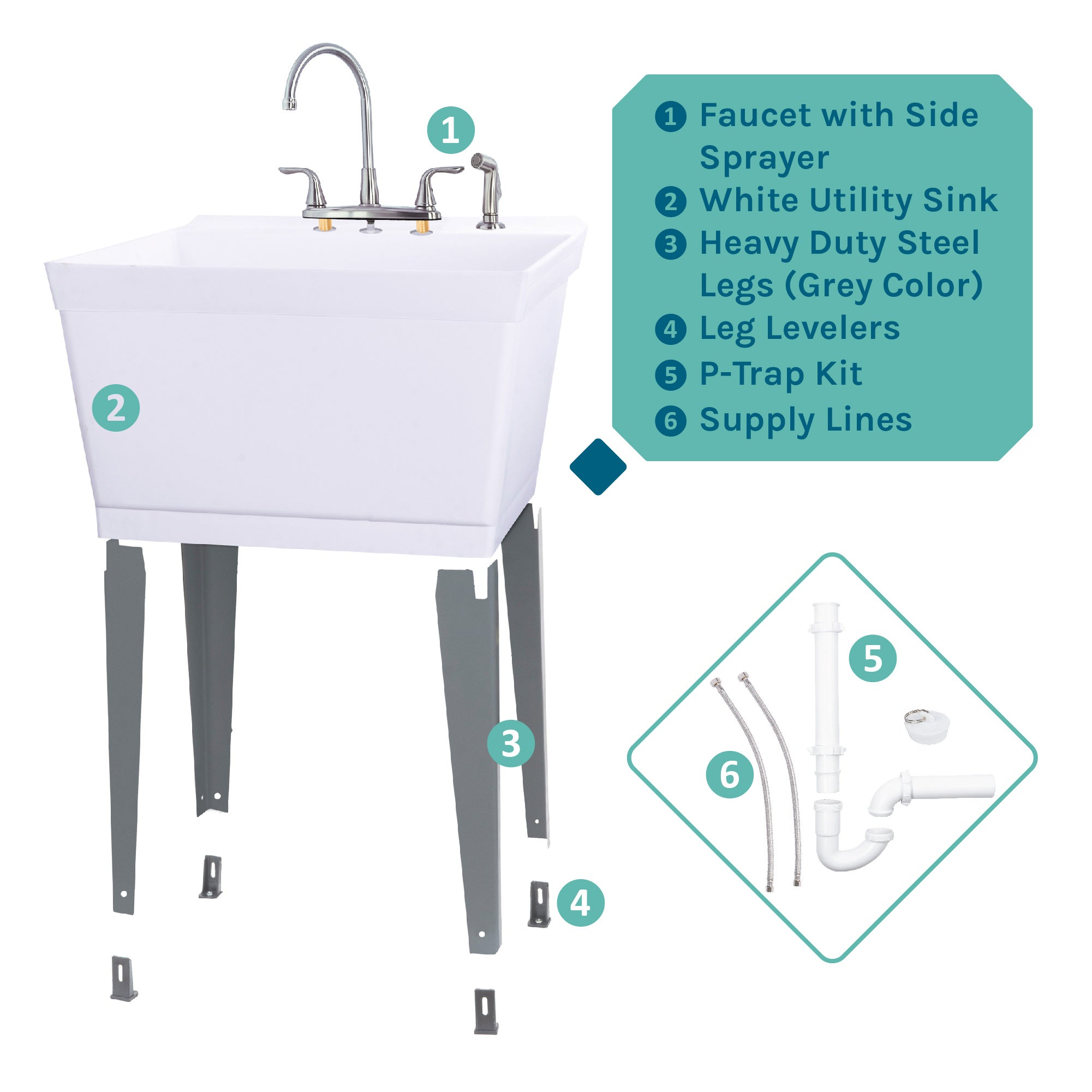 Tehila Standard Freestanding White Utility Sink with Grey Legs and Chrome Finish Wide-set Gooseneck Faucet with Side Sprayer