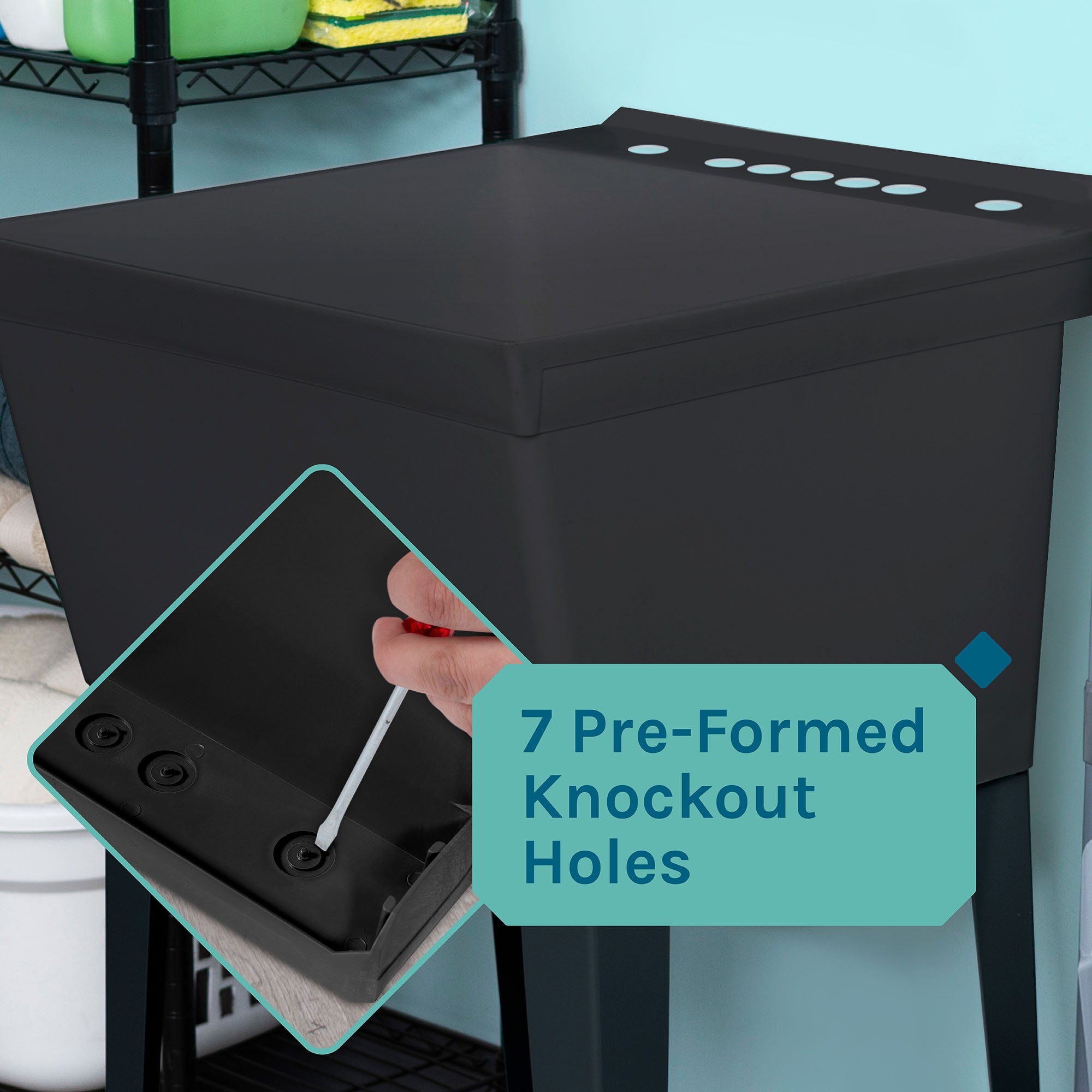 Tehila Standard Freestanding Black Utility Sink with Black Legs, Water Supply Lines Included