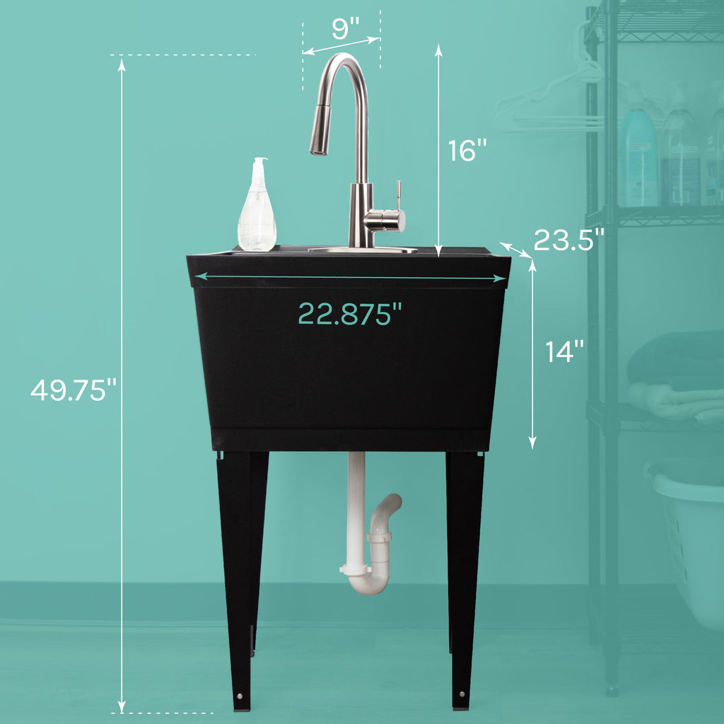 Tehila Standard Freestanding Black Utility Sink with Stainless Steel Finish High-Arc Pull-Down Faucet