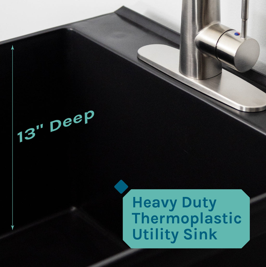 Tehila Standard Freestanding Black Utility Sink with Stainless Steel Finish High-Arc Pull-Down Faucet