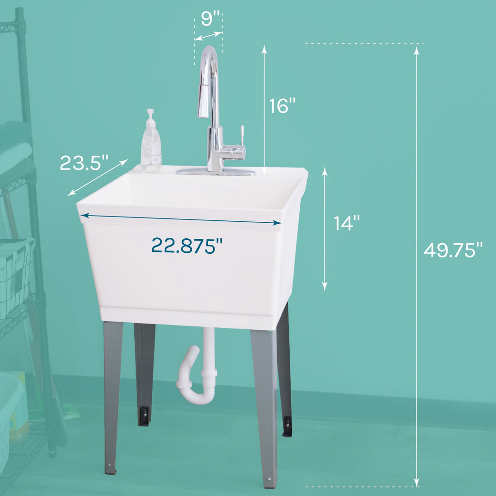 Tehila Standard Freestanding White Utility Sink with Chrome Finish High-Arc Pull-Down Faucet