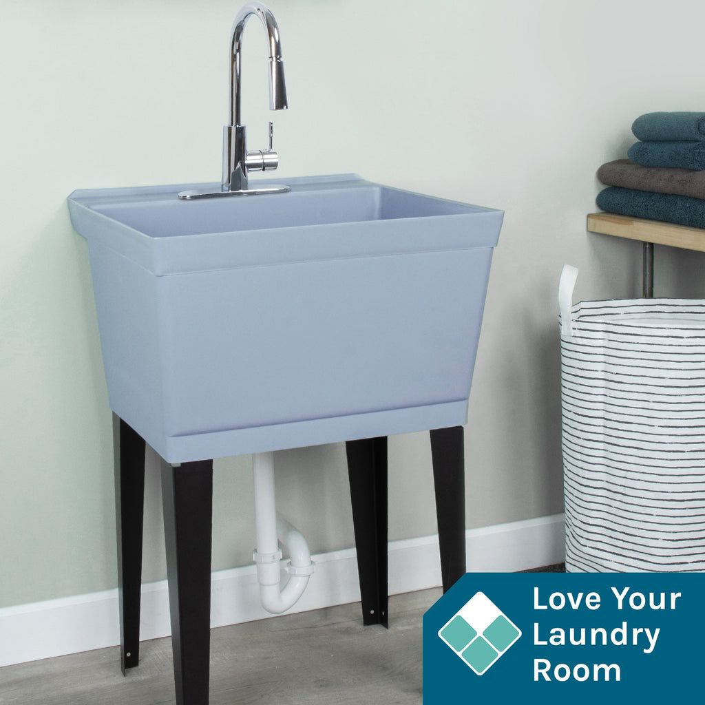 Tehila Standard Freestanding Grey Utility Sink with Chrome Finish High-Arc Pull-Down Faucet
