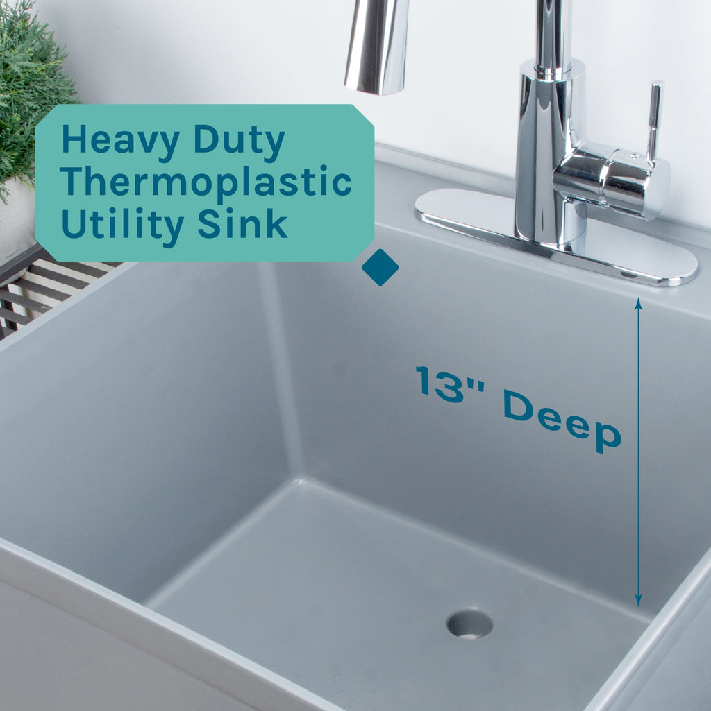 Tehila Standard Freestanding Grey Utility Sink with Chrome Finish High-Arc Pull-Down Faucet