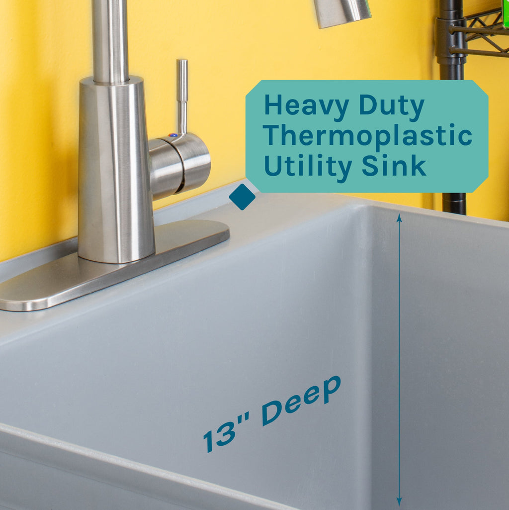 Tehila Standard Freestanding Grey Utility Sink with Stainless Steel Finish High-Arc Pull-Down Faucet