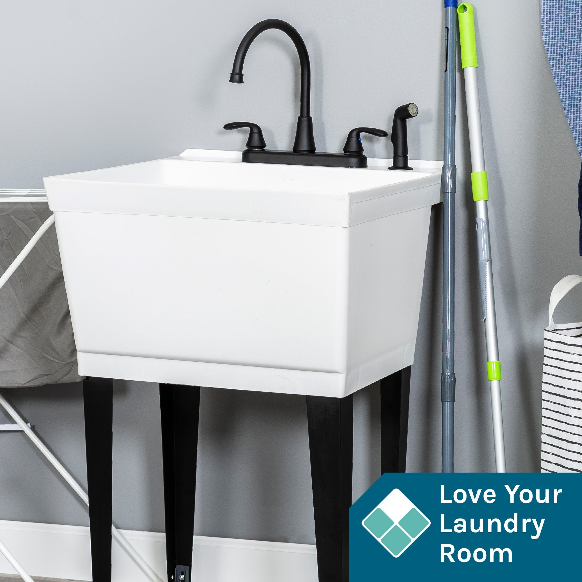 Tehila Standard Freestanding White Utility Sink with Black Legs and Black Finish Wide-set Gooseneck Faucet with Side Sprayer