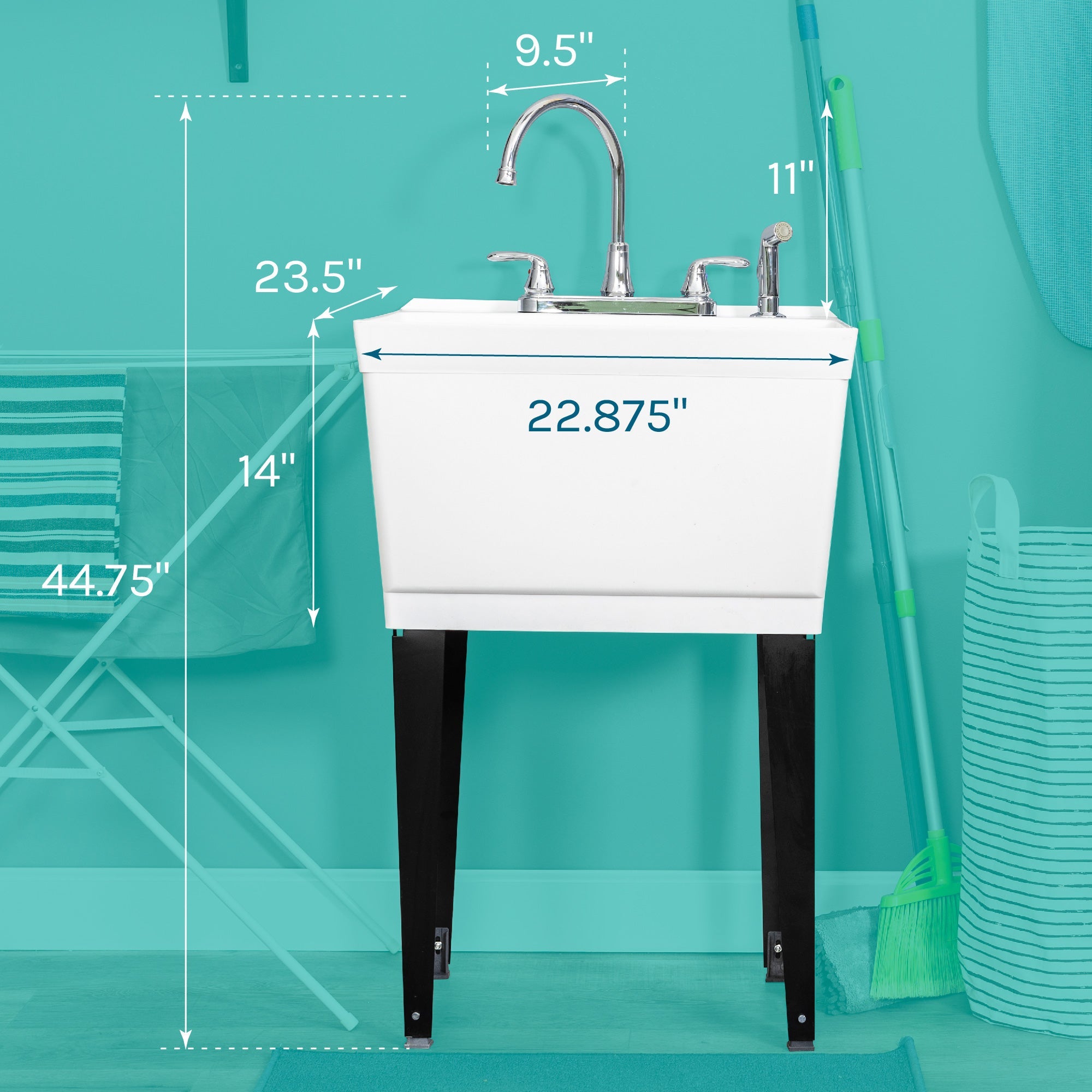 Tehila Standard Freestanding White Utility Sink with Black Legs and Chrome Finish Wide-set Gooseneck Faucet with Side Sprayer