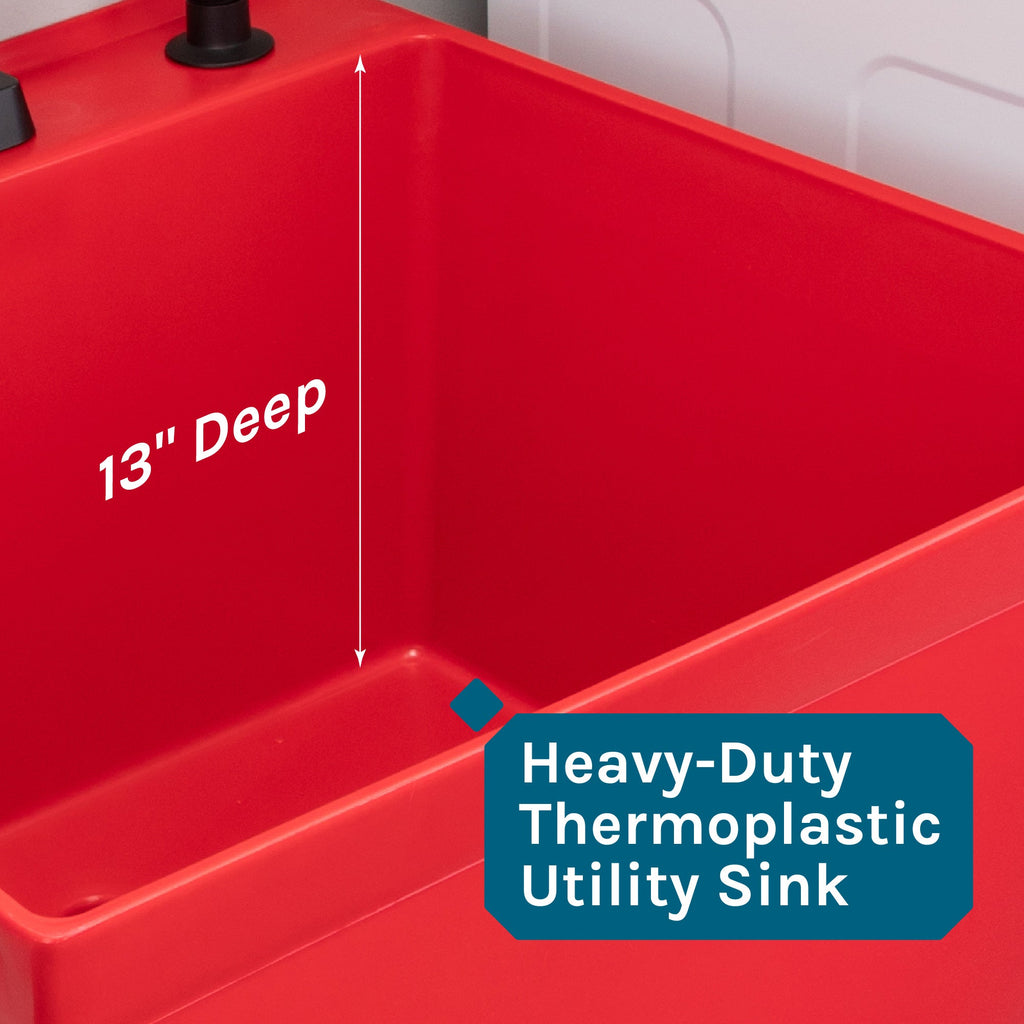 Tehila Standard Freestanding Red Utility Sink with Black Legs and Black Finish Wide-set Gooseneck Faucet with Side Sprayer