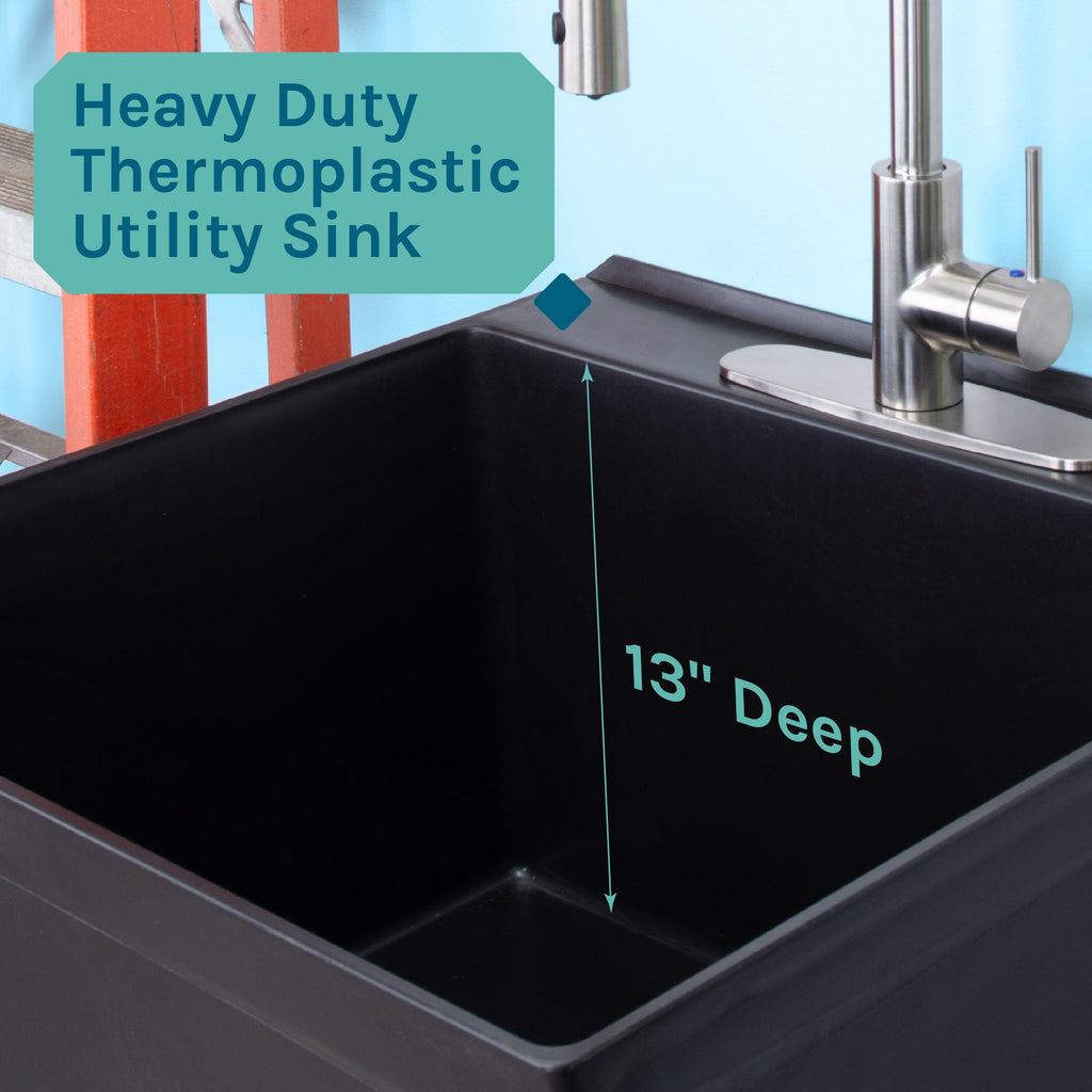Tehila Standard Freestanding Black Utility Sink with Stainless Steel Finish High-Arc Coil Pull-Down Faucet