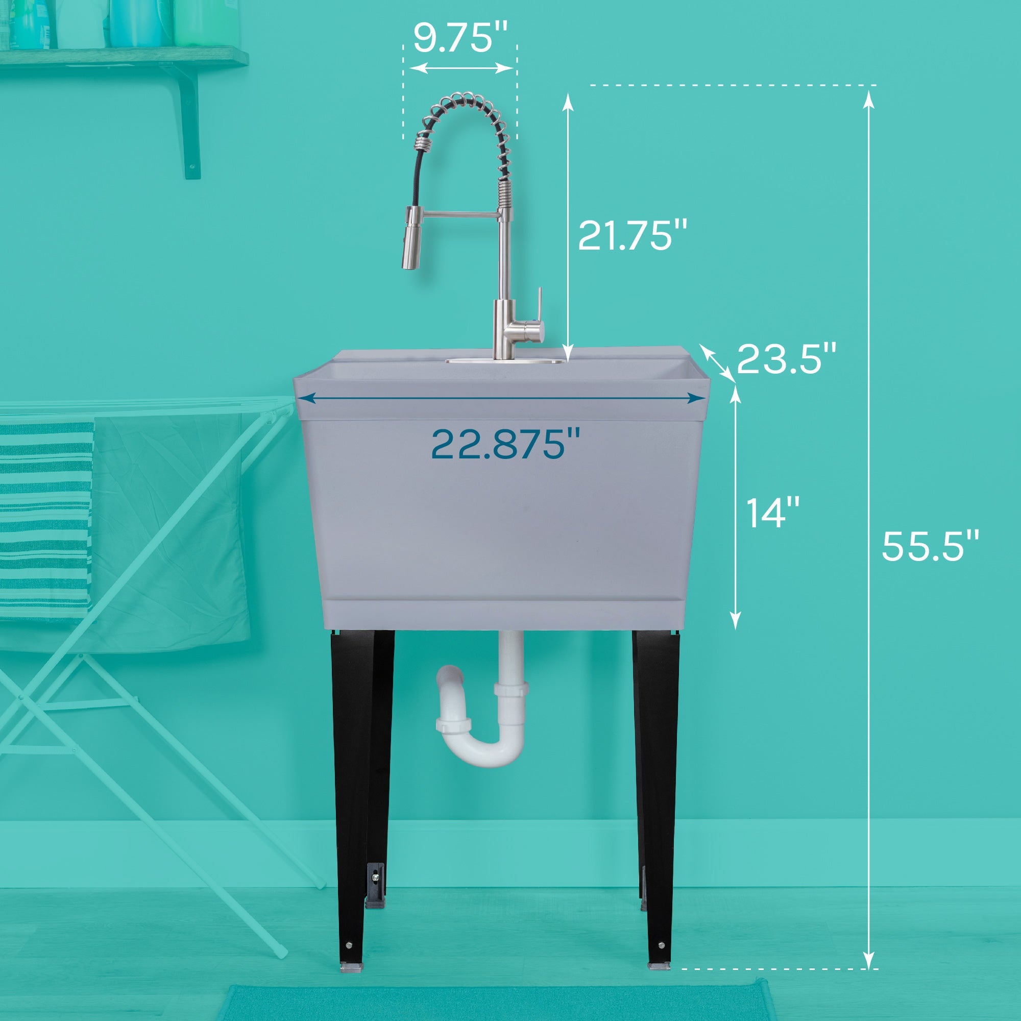 Tehila Standard Freestanding Grey Utility Sink with Stainless Steel Finish High-Arc Coil Pull-Down Faucet