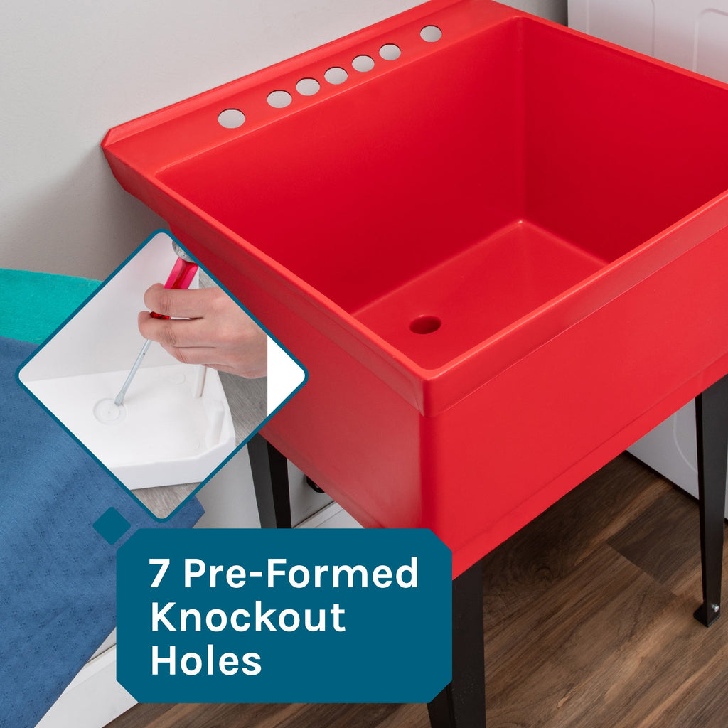 Tehila Standard Freestanding Red Utility Sink with Black Finish High-Arc Coil Pull-Down Faucet