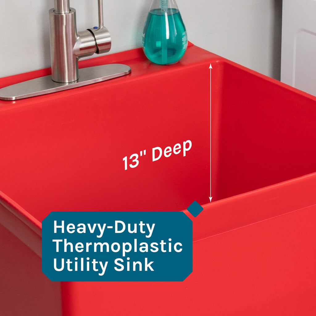 Tehila Standard Freestanding Red Utility Sink with Stainless Steel Finish High-Arc Coil Pull-Down Faucet