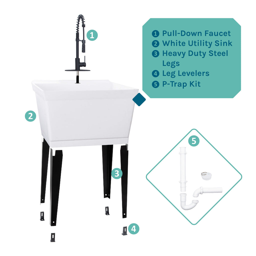 Tehila Standard Freestanding White Utility Sink with Black Finish High-Arc Coil Pull-Down Faucet