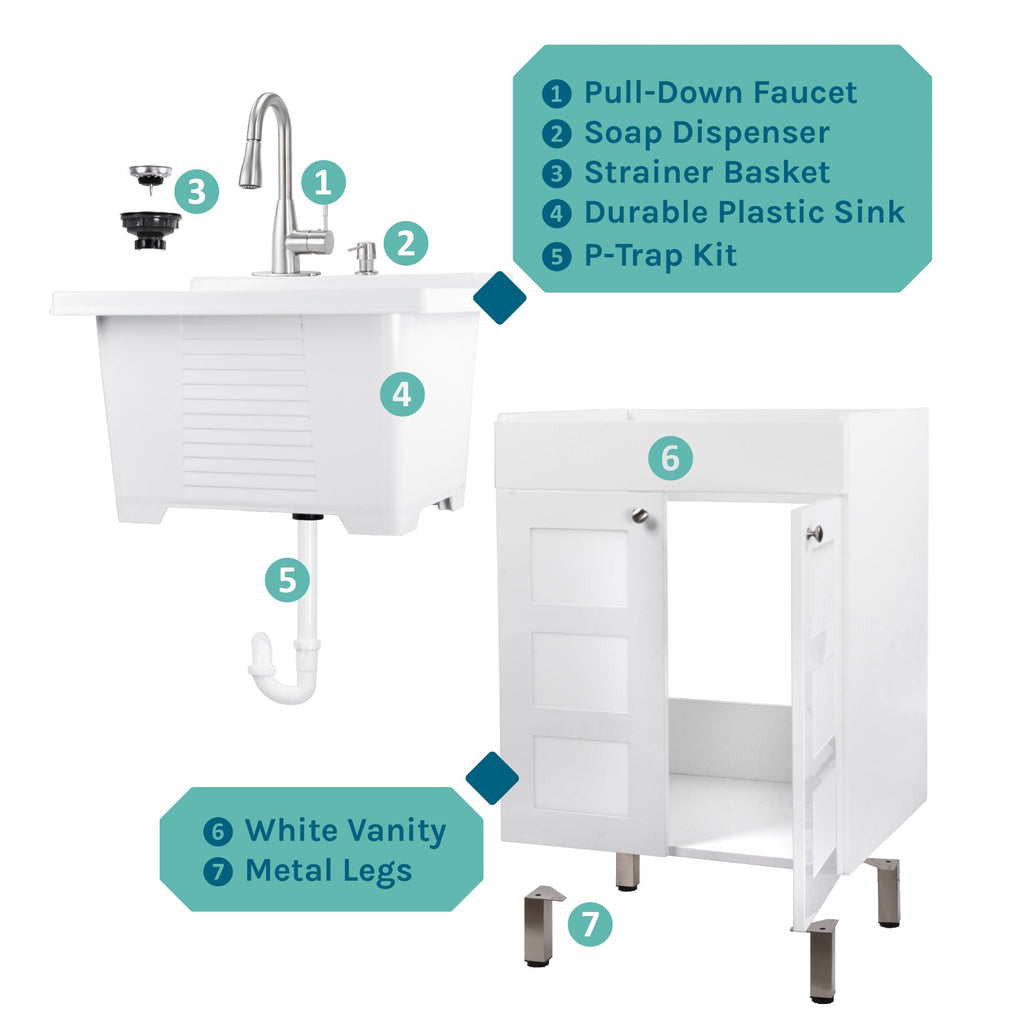 Tehila White Vanity Cabinet and White Utility Sink with Stainless Steel Finish Low-Profile Pull-Down Faucet