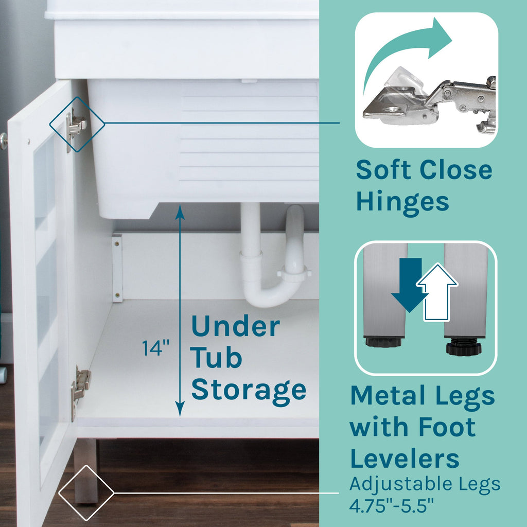 Tehila White Vanity Cabinet and White Utility Sink with Stainless Steel Finish Pull-Out Faucet