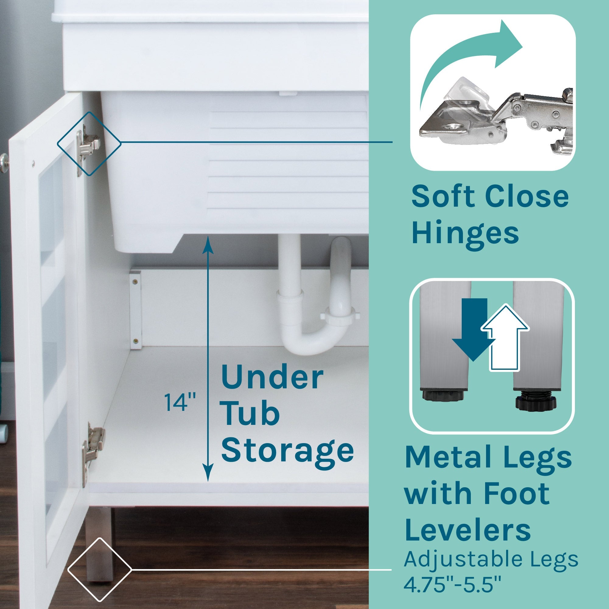 Tehila White Vanity Cabinet and White Utility Sink with Stainless Steel Finish Pull-Out Faucet