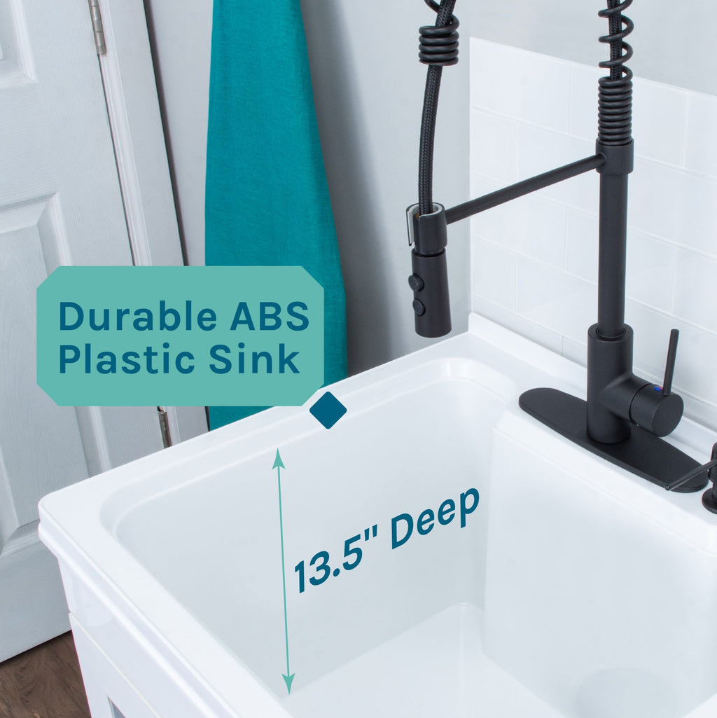 Tehila White Vanity Cabinet and White Utility Sink with Black Finish High-Arc Coil Pull-Down Faucet