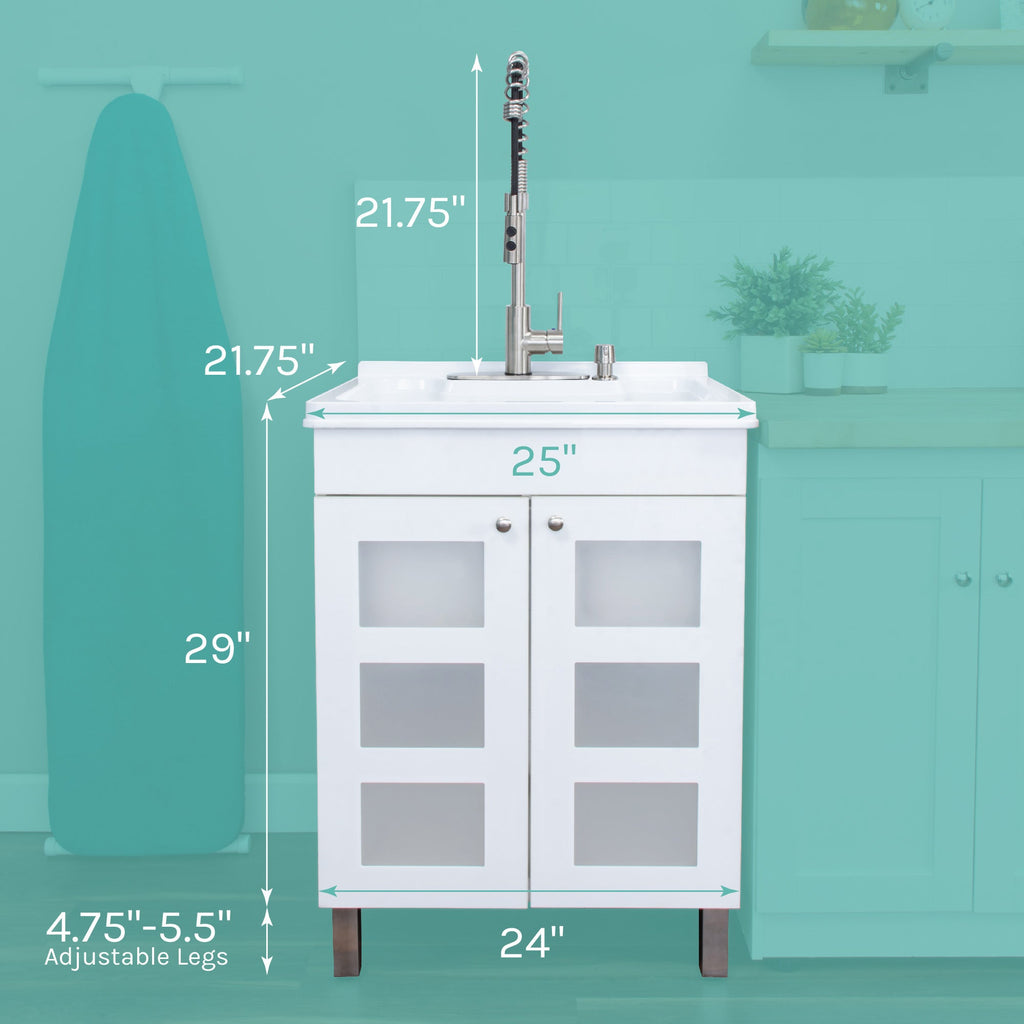 Tehila White Vanity Cabinet and White Utility Sink with Stainless Steel Finish High-Arc Coil Pull-Down Faucet