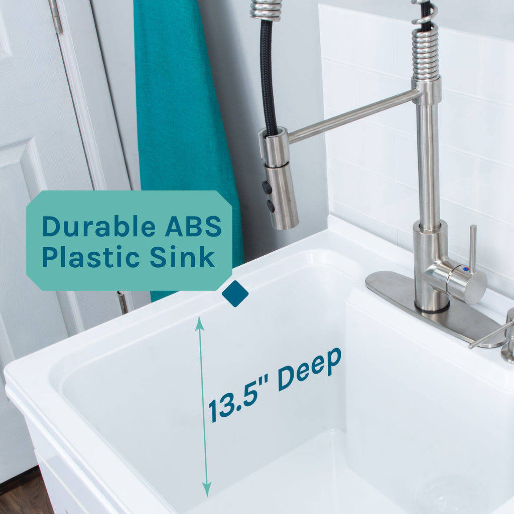 Tehila White Vanity Cabinet and White Utility Sink with Stainless Steel Finish High-Arc Coil Pull-Down Faucet