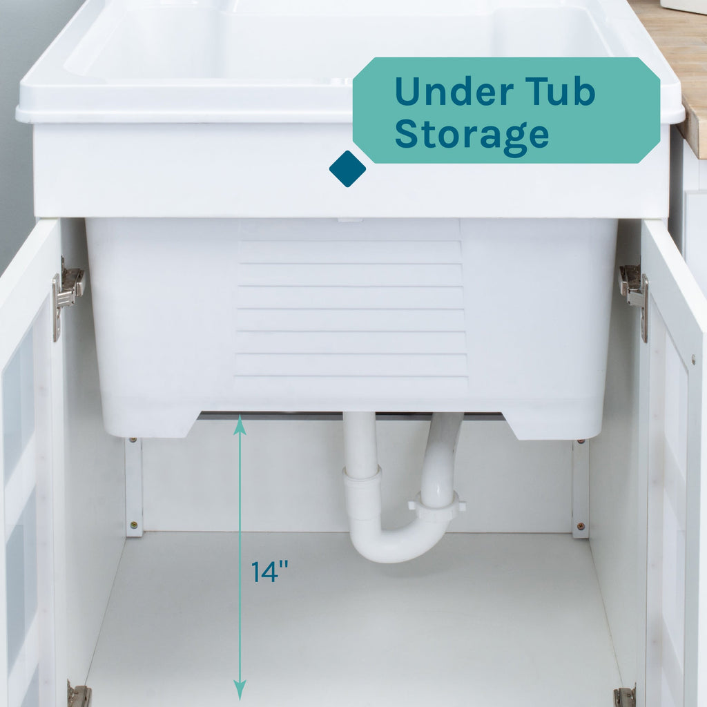 Tehila White Vanity Cabinet and White Utility Sink with Stainless Steel Finish High-Arc Coil Pull-Down Faucet