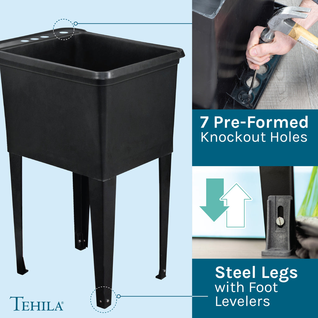 Tehila Space Saver Freestanding Black Utility Sink with Black Finish Pull-Out Faucet
