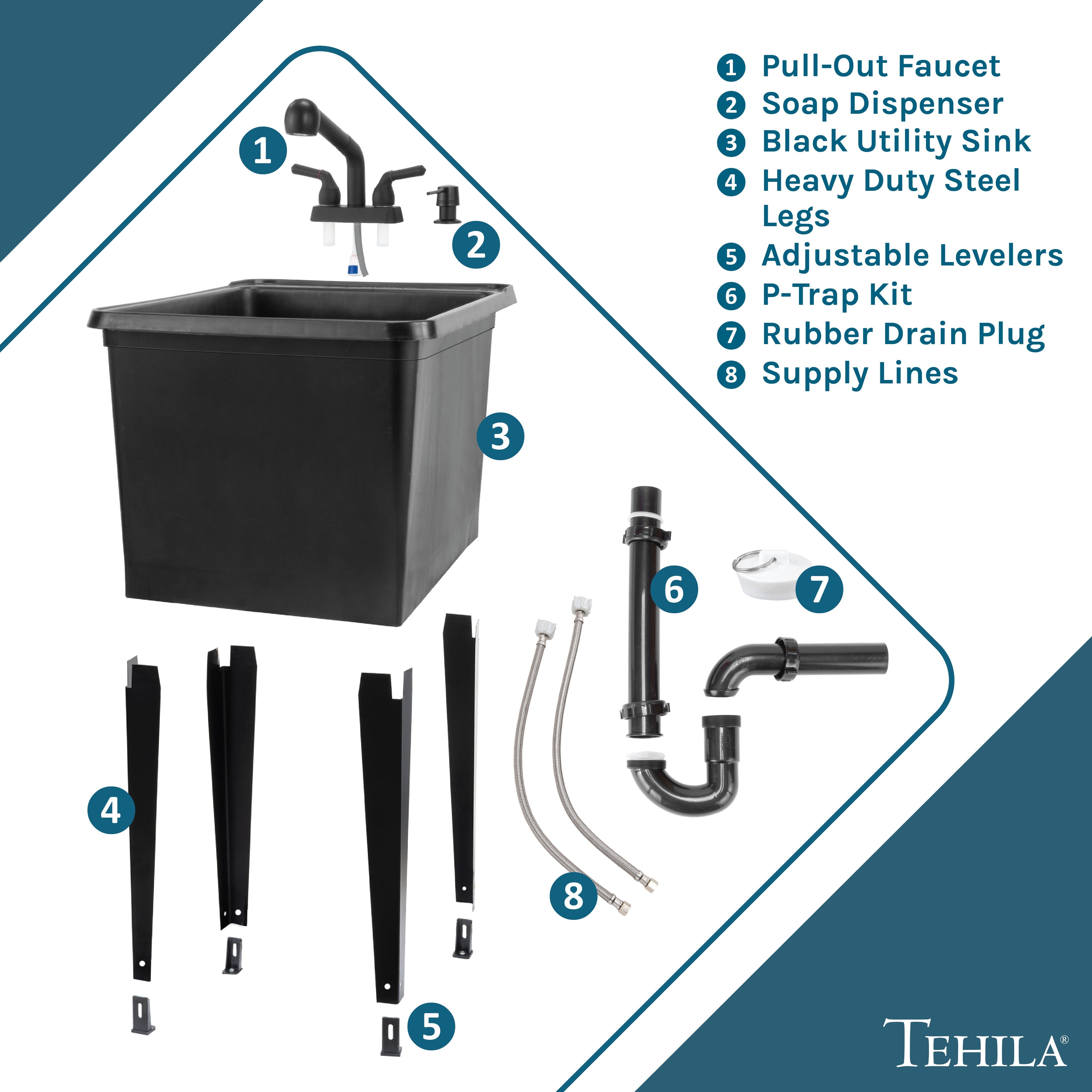 Tehila Space Saver Freestanding Black Utility Sink with Black Finish Pull-Out Faucet