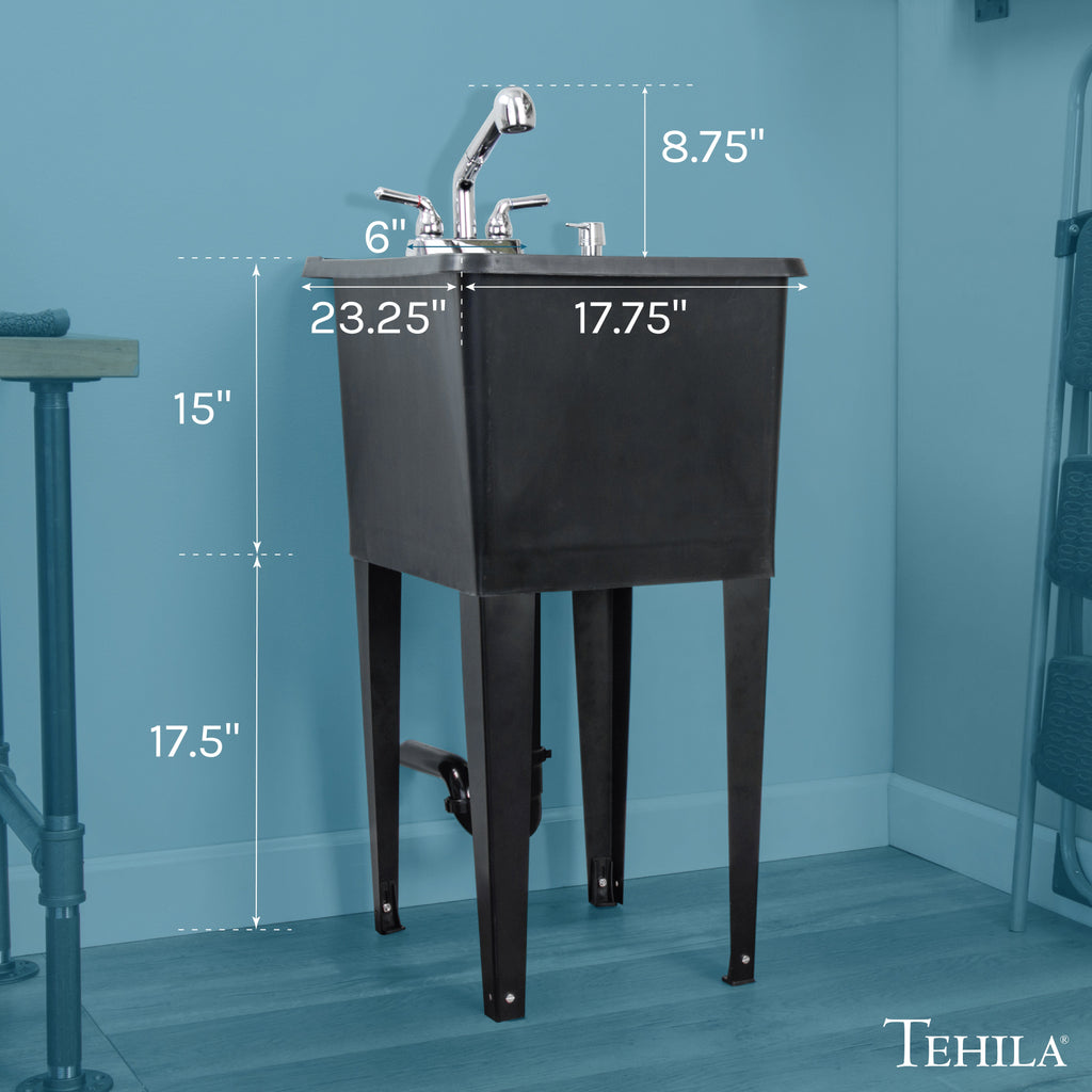 Tehila Space Saver Freestanding Black Utility Sink with Chrome Finish Pull-Out Faucet