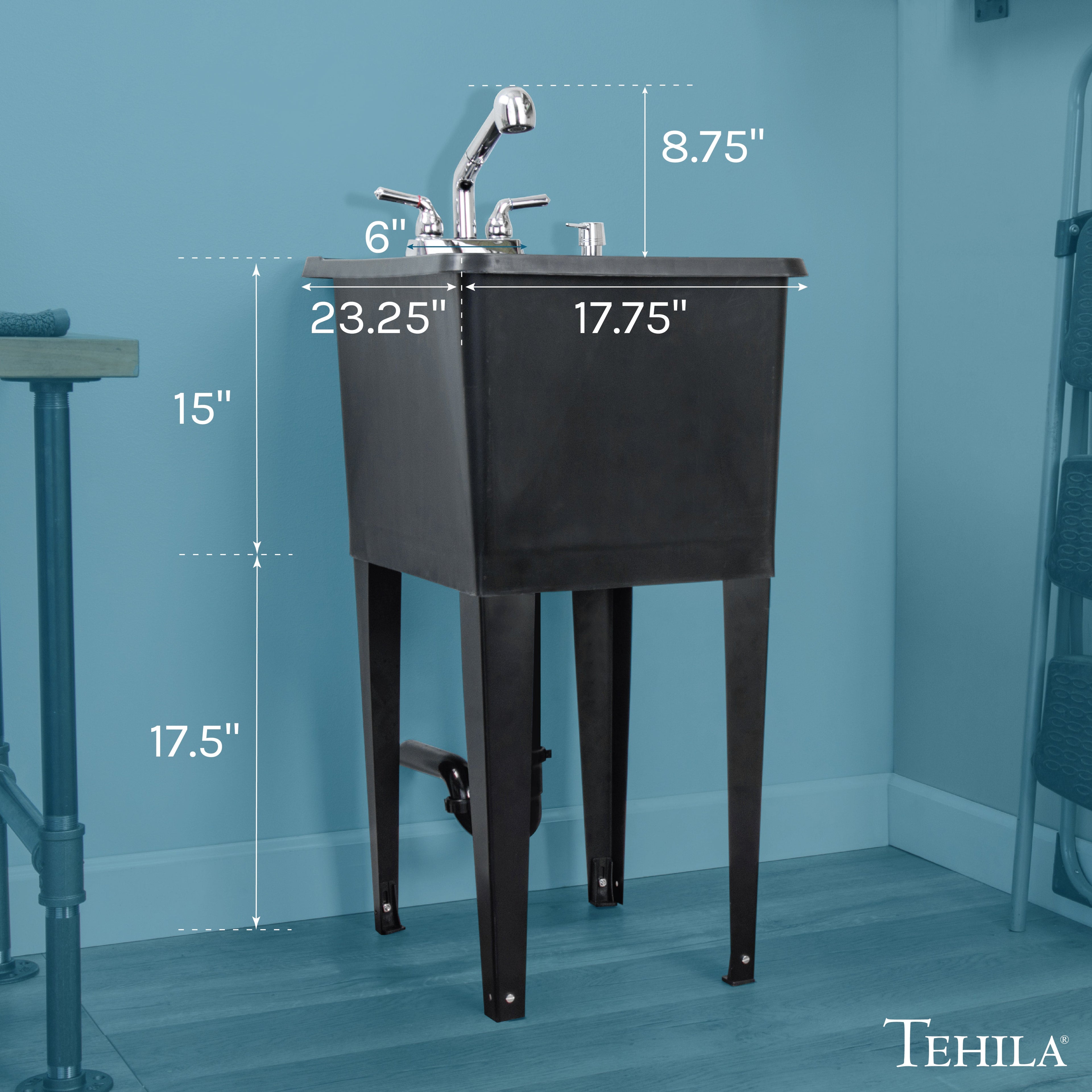 Tehila Space Saver Freestanding Black Utility Sink with Chrome Finish Pull-Out Faucet