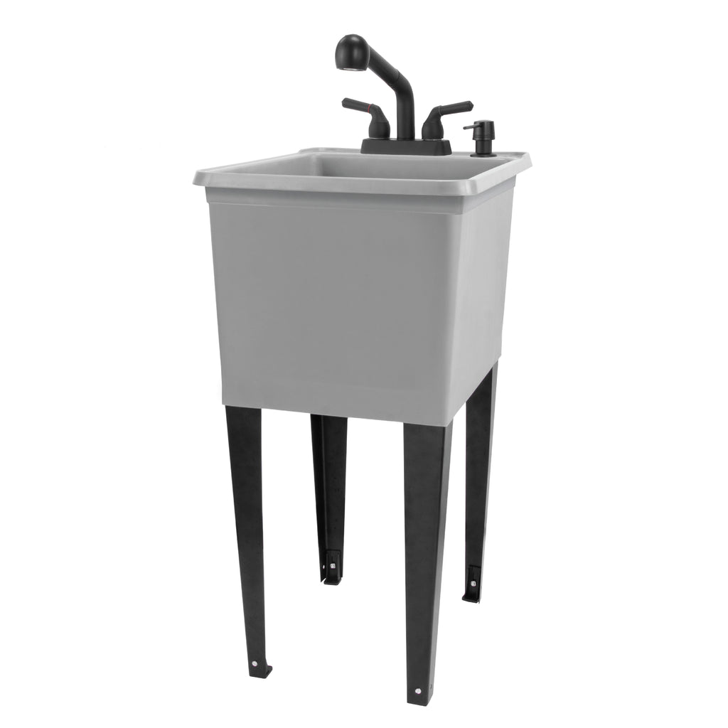 Tehila Space Saver Freestanding Grey Utility Sink with Black Finish Pull-Out Faucet