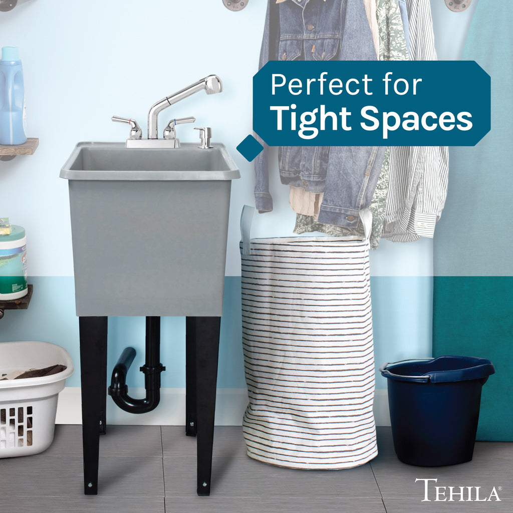 Tehila Space Saver Freestanding Grey Utility Sink with Chrome Finish Pull-Out Faucet