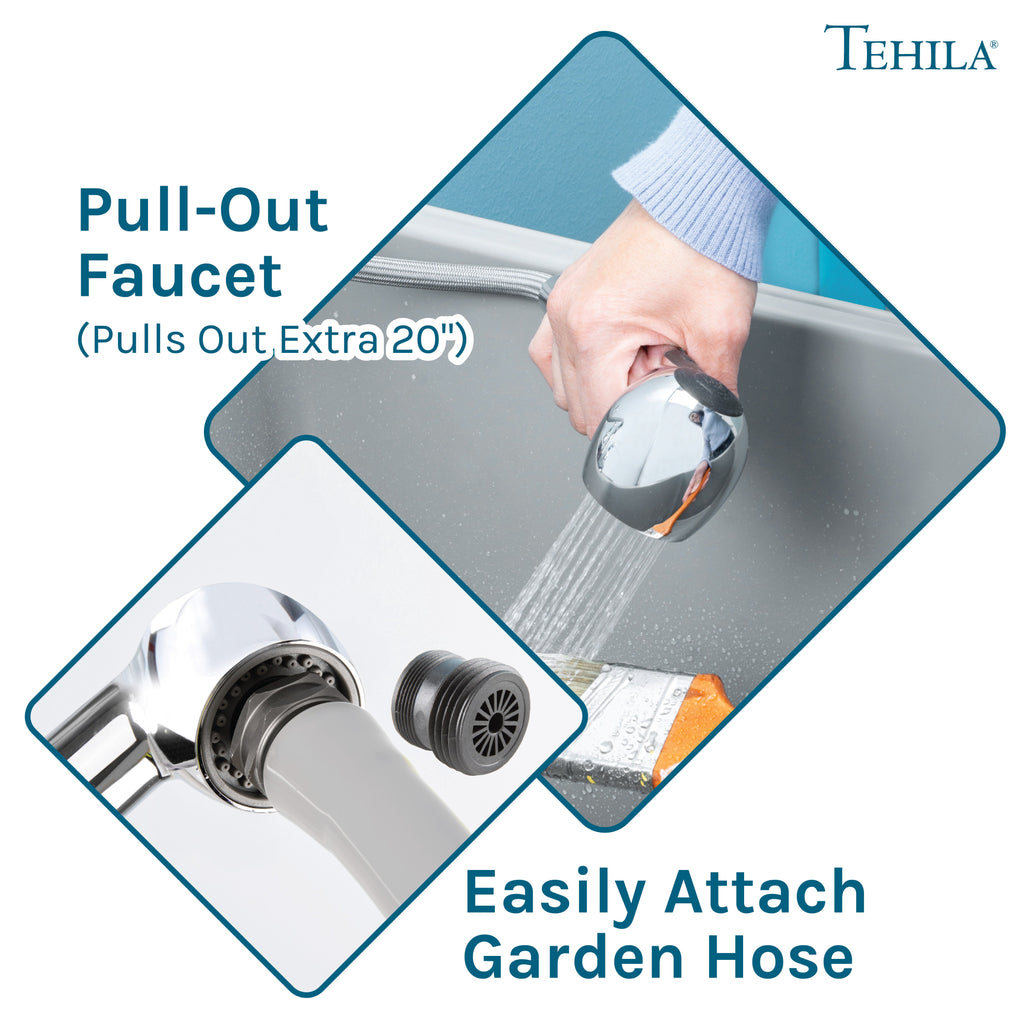 Tehila Space Saver Freestanding Grey Utility Sink with Chrome Finish Pull-Out Faucet