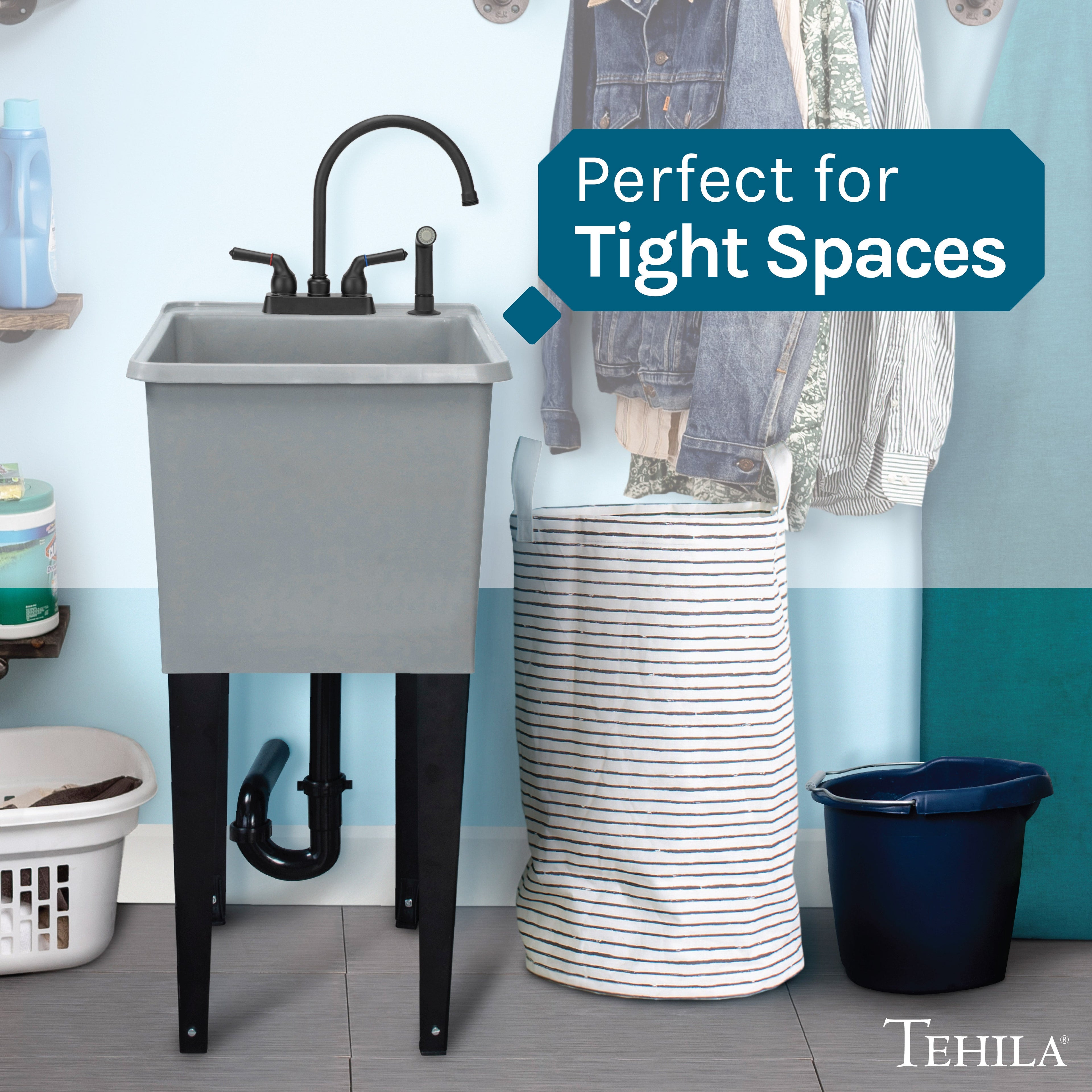 Tehila Space Saver Freestanding Grey Utility Sink with Black Finish Gooseneck Faucet and Side Sprayer