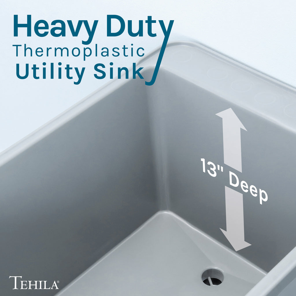Tehila Space Saver Freestanding Grey Utility Sink with Black Finish Gooseneck Faucet and Side Sprayer