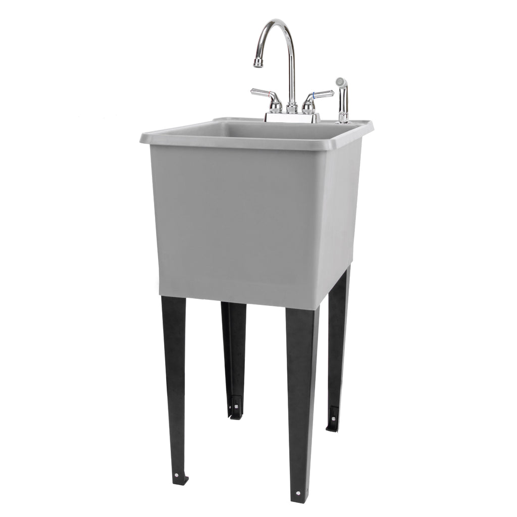 Tehila Space Saver Freestanding Grey Utility Sink with Chrome Finish Gooseneck Faucet and Side Sprayer