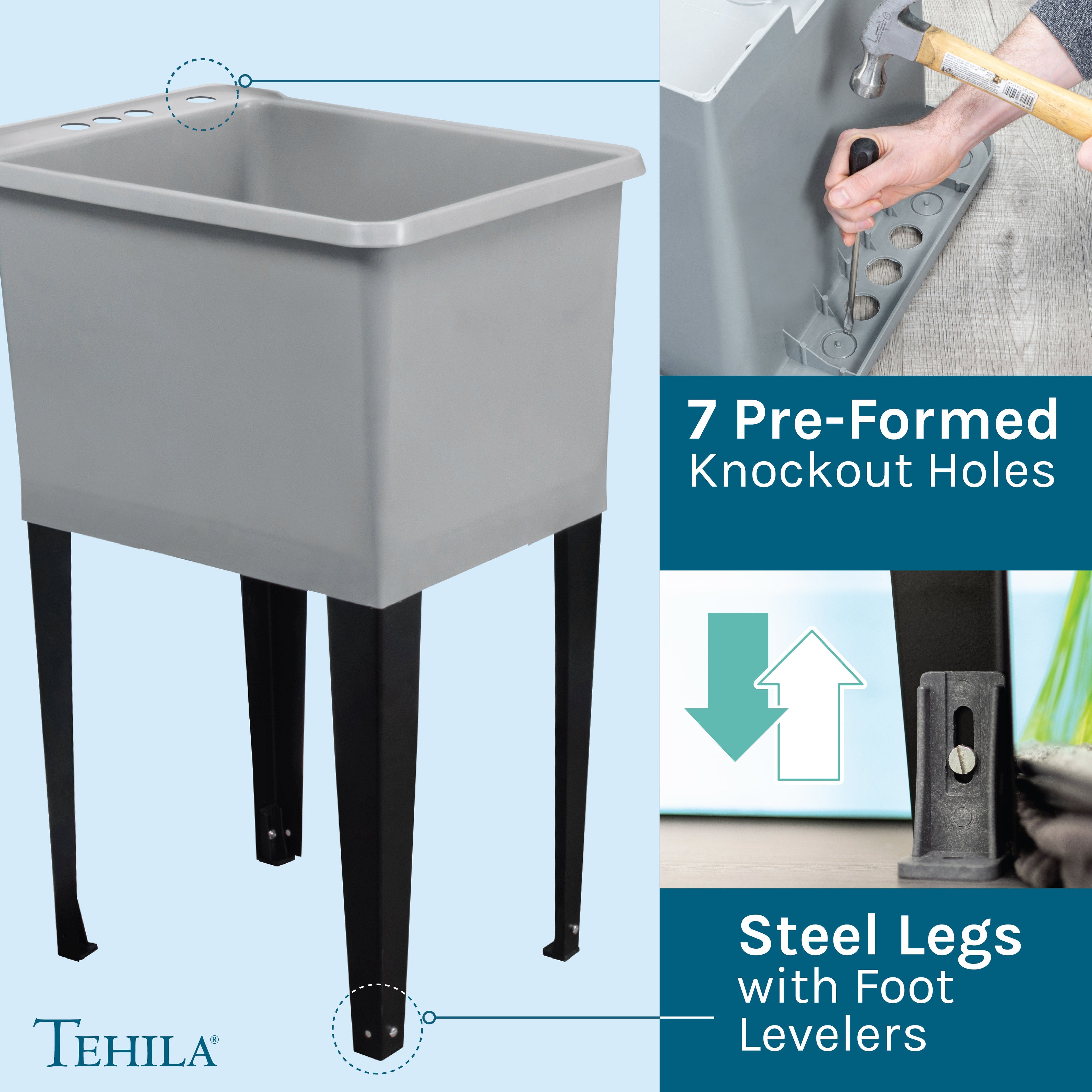 Tehila Space Saver Freestanding Grey Utility Sink with Chrome Finish Gooseneck Faucet and Side Sprayer
